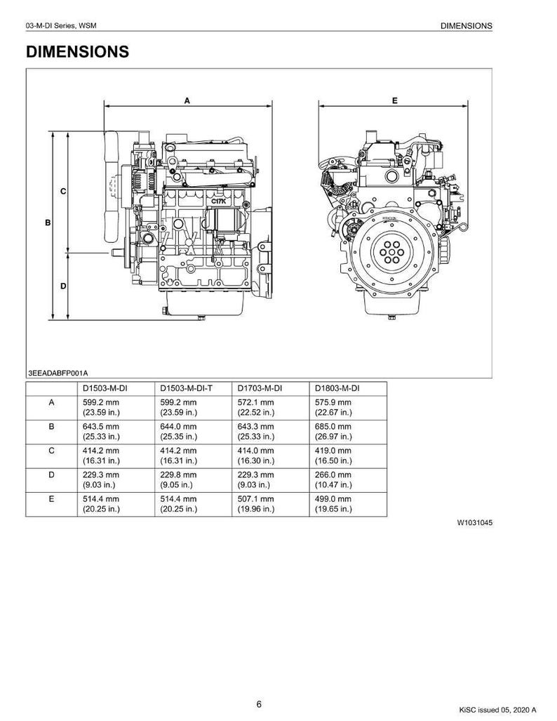 May include: Diagram showing dimensions of four diesel engine models, with measurements in millimetres and inches. The image includes side and front views of the engines, labelled A to E, with corresponding measurements.