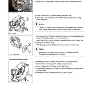 May include: Engine repair manual page with diagrams and instructions for fuel injection pump maintenance. Includes images of gears, extractors, and gear casing marks, with text instructions and warnings.