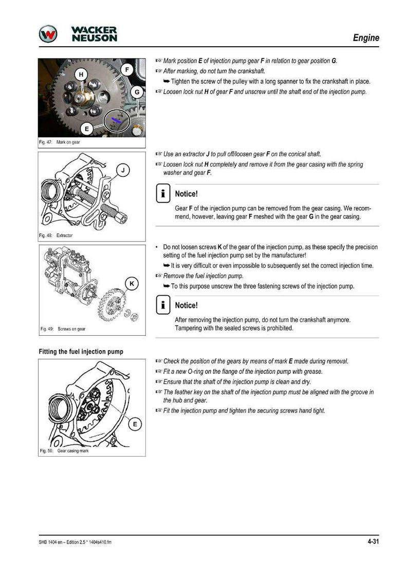 May include: Engine repair manual page with diagrams and instructions for fuel injection pump maintenance. Includes images of gears, extractors, and gear casing marks, with text instructions and warnings.