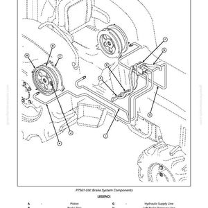 May include: Diagram of a tractor's brake system, labeled with letters and components. Includes brake discs, pedals, and hydraulic lines. Text at the bottom reads "P7561-UN: Brake System Components" and lists the legend.