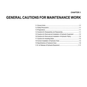 May include: A white page with the title "CHAPTER 1" and the heading "GENERAL CAUTIONS FOR MAINTENANCE WORK." The page lists several subheadings, including "Correct Work," "Safety Precautions," and "Preparations."