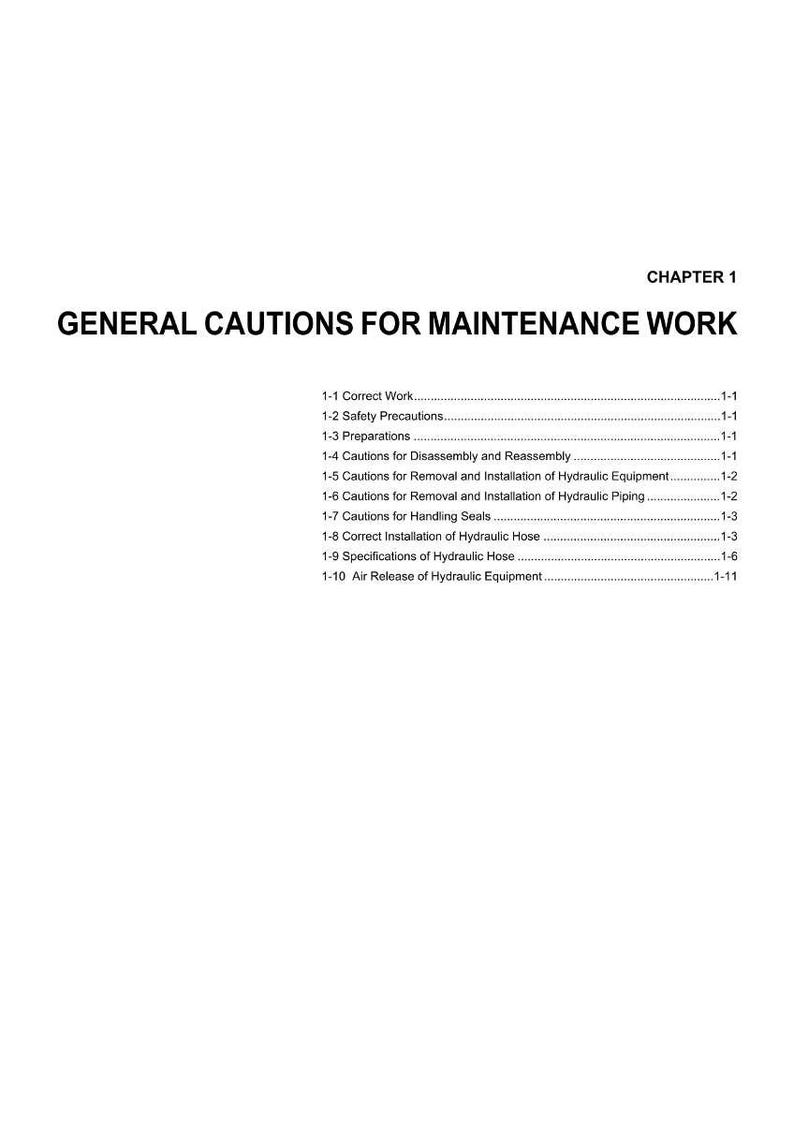 May include: A white page with the title "CHAPTER 1" and the heading "GENERAL CAUTIONS FOR MAINTENANCE WORK." The page lists several subheadings, including "Correct Work," "Safety Precautions," and "Preparations."
