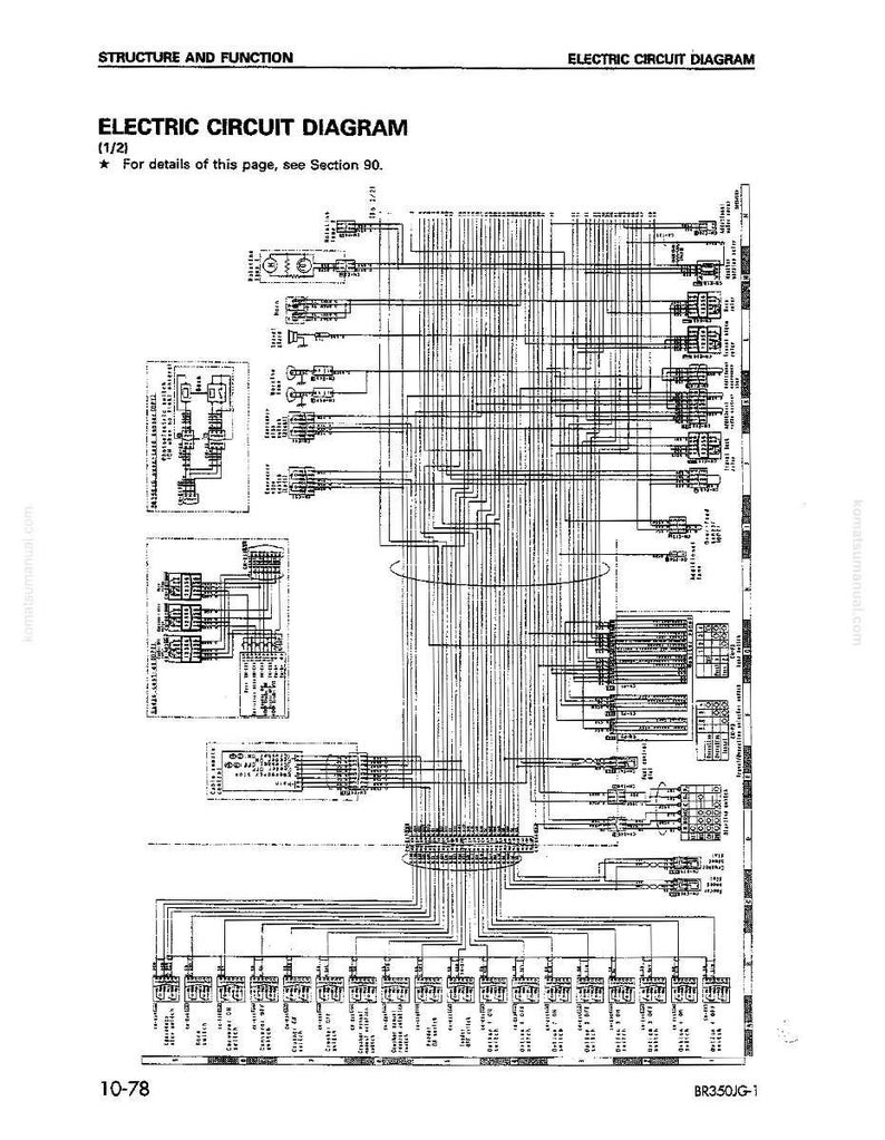 Może przedstawiać: Szczeg&oacute;łowy schemat obwodu elektrycznego z licznymi liniami, symbolami i etykietami tekstowymi. Schemat oznaczony jest jako "Electric Circuit Diagram (1/2)" i zawiera tekst "For details of this page, see Section 90." Numer strony to 10-78.