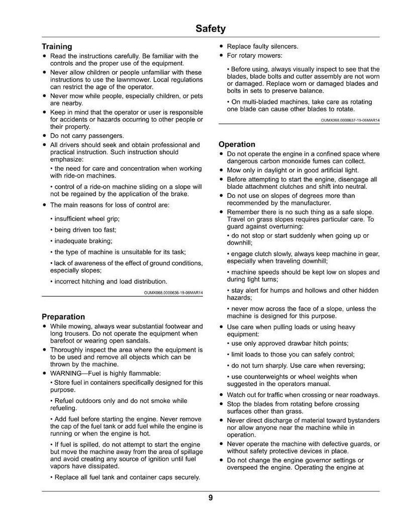 May include: A safety manual page for a lawnmower, detailing training, preparation, and operational guidelines. The text provides warnings about fuel, slope operation, and general safety advice for the machinery.