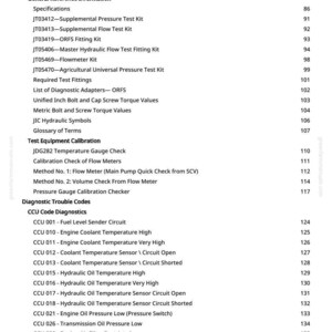 May include: A white page from a manual with a list of technical terms and diagnostic codes, including "Hydraulic System Checks," "CCU Code Diagnostics," and various test kit names. The page numbers are visible.