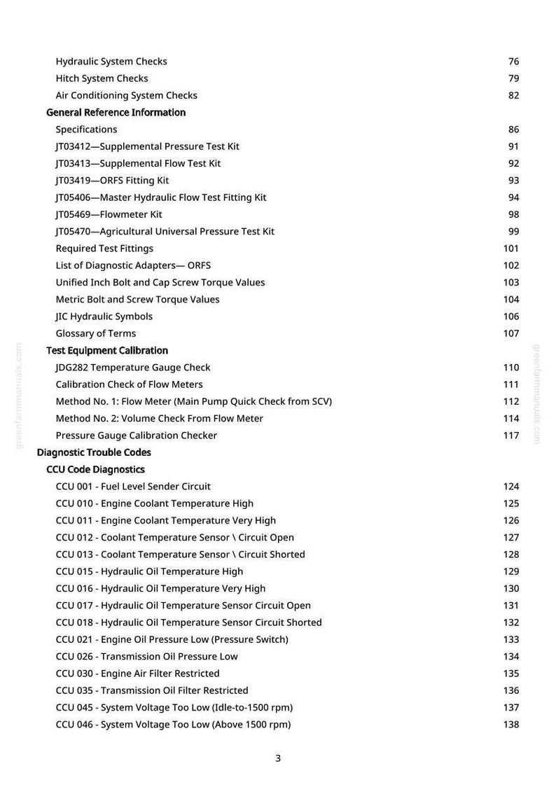 May include: A white page from a manual with a list of technical terms and diagnostic codes, including "Hydraulic System Checks," "CCU Code Diagnostics," and various test kit names. The page numbers are visible.