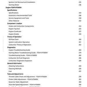 May include: A page from a manual with a table of contents for an engine. The text includes sections on engine components, diagnostics, and adjustments. The manual is for an Engine FS541V/FS600V.