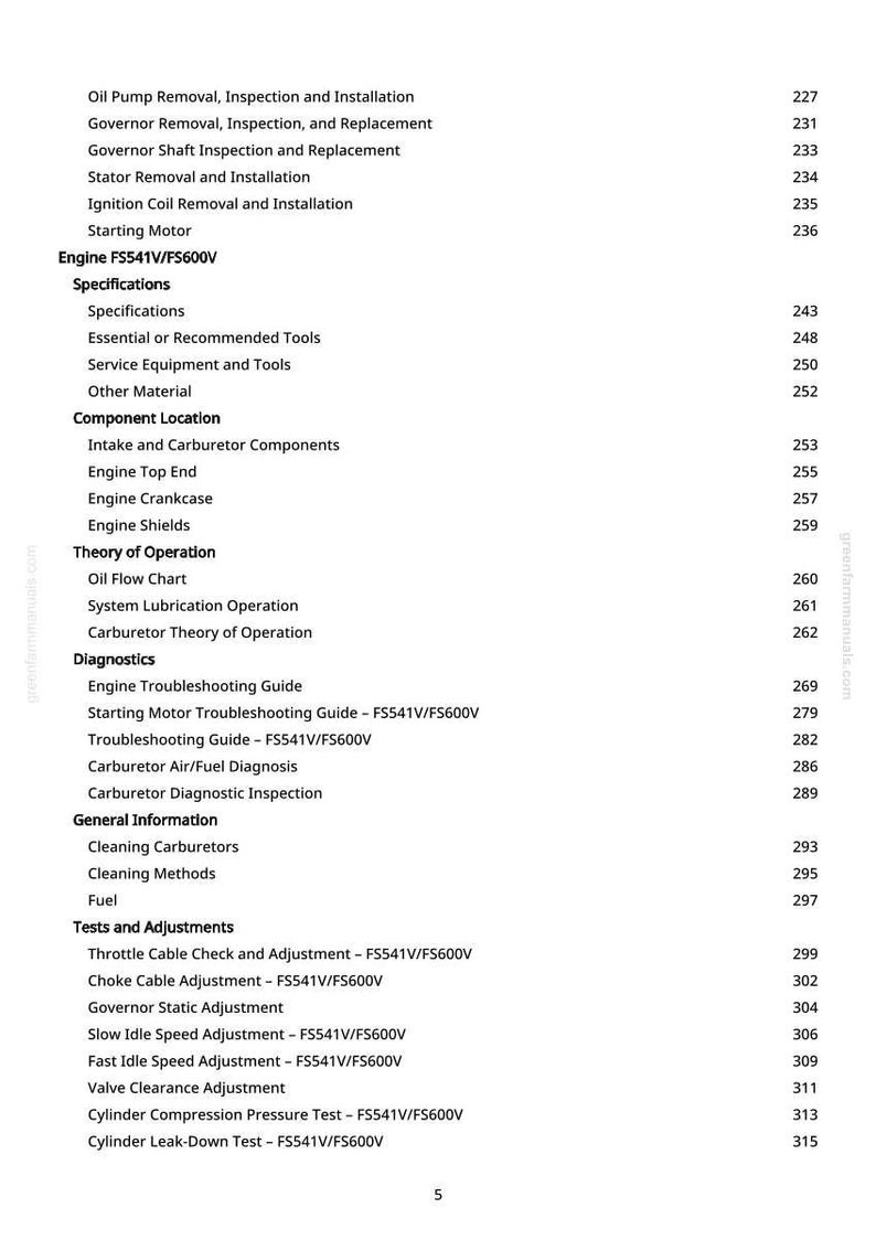 May include: A page from a manual with a table of contents for an engine. The text includes sections on engine components, diagnostics, and adjustments. The manual is for an Engine FS541V/FS600V.