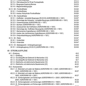 May include: A detailed table of contents from a manual, likely for a piece of machinery or vehicle, with numerous technical terms and part numbers. The text is in German, covering topics like front power take-off, hydraulic systems, and electrical components.