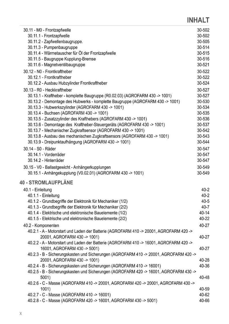 May include: A detailed table of contents from a manual, likely for a piece of machinery or vehicle, with numerous technical terms and part numbers. The text is in German, covering topics like front power take-off, hydraulic systems, and electrical components.