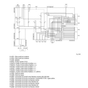 May include: An electrical schematic diagram with text in French, featuring a complex network of lines and symbols. The diagram includes labels for various components like fuses, connectors, and batteries, with a reference number at the bottom.