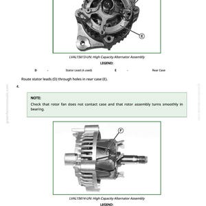 May include: Diagrams of an alternator assembly, labeled with letters and descriptions. The top image shows the stator leads and rear case, while the bottom image highlights the rotor shaft. Text includes instructions and a note about the rotor fan.