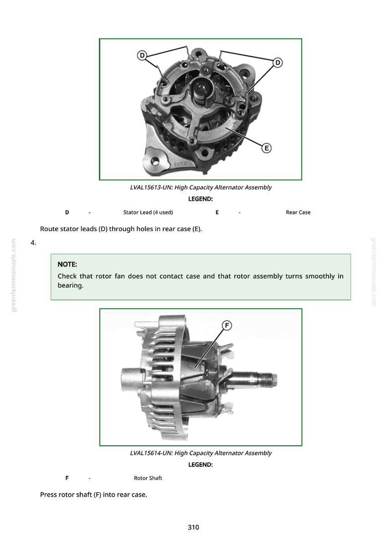 May include: Diagrams of an alternator assembly, labeled with letters and descriptions. The top image shows the stator leads and rear case, while the bottom image highlights the rotor shaft. Text includes instructions and a note about the rotor fan.