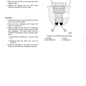 May include: Technical diagram illustrating orifice installation, featuring a cartridge, brake manifold, cavity, and orifice disc. The image includes numbered labels and explanatory text detailing cleaning, inspection, and assembly procedures for the component.