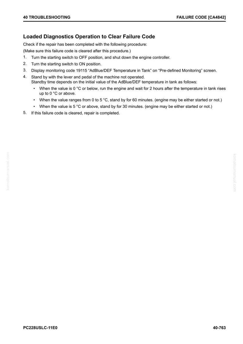May include: A white document with troubleshooting instructions. The text includes steps to clear a failure code, such as turning switches on and off, and monitoring temperature. The document also includes the failure code [CA4842].