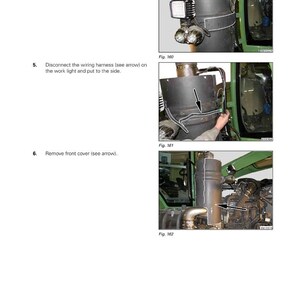 May include: Diagram from a Fendt 1000 Vario S4 manual showing steps for engine maintenance. Instructions include removing the guard, disconnecting the wiring harness, and removing the front cover. The image includes the Fendt logo and figure numbers.