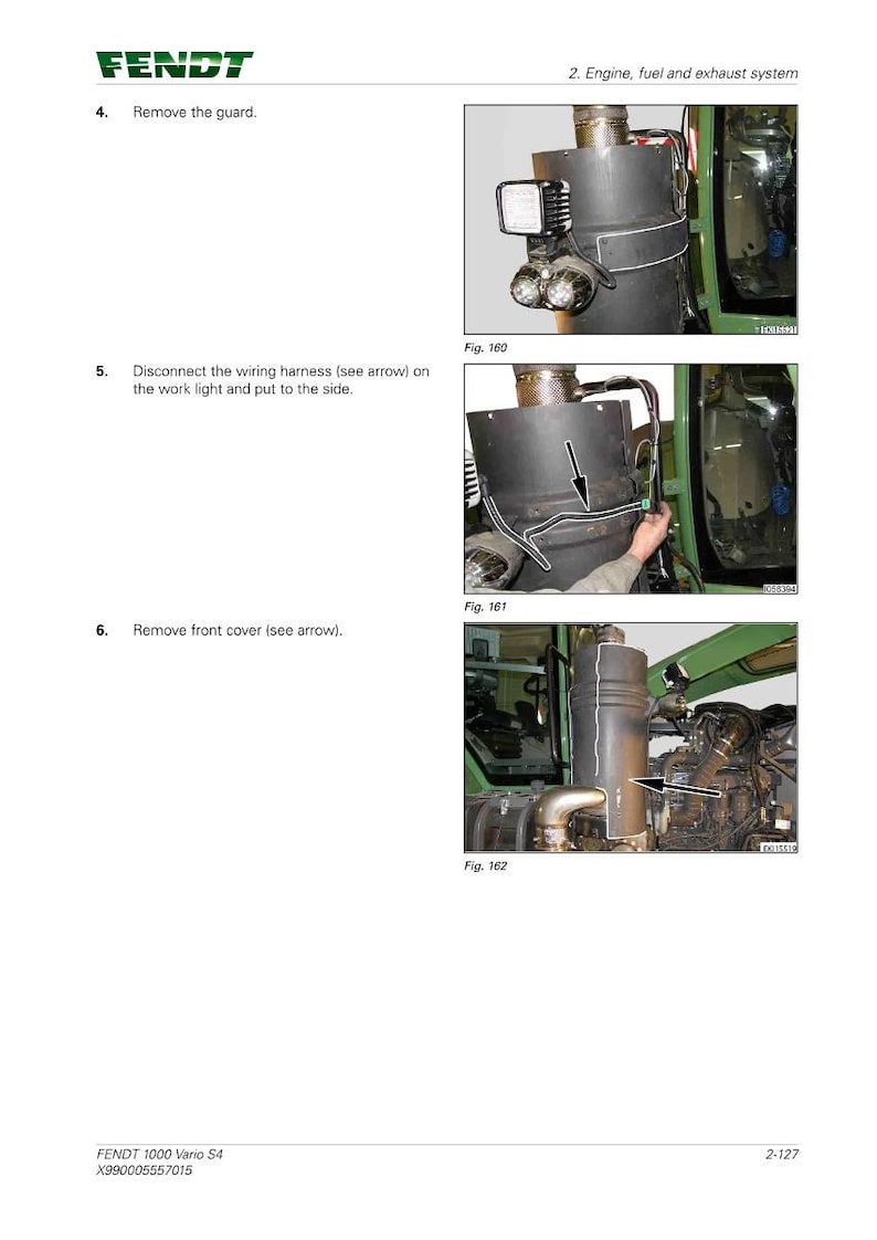 May include: Diagram from a Fendt 1000 Vario S4 manual showing steps for engine maintenance. Instructions include removing the guard, disconnecting the wiring harness, and removing the front cover. The image includes the Fendt logo and figure numbers.