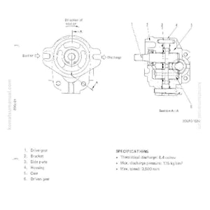 May include: Diagram of a hydraulic pump, labeled "LAR1-6," with detailed cross-sectional views and component labels. Includes specifications for theoretical discharge, pressure, and speed. The image is a technical illustration.