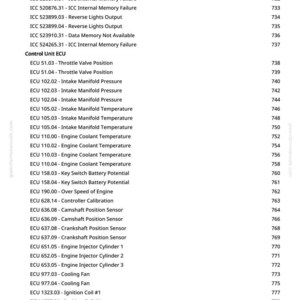 May include: A white page with a list of ECU codes and descriptions, including "Throttle Valve Position" and "Engine Coolant Temperature." The page also includes a website address and a page number.