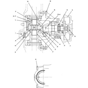 May include: Detailed technical diagram of a differential, labeled with letters A through R. The diagram is a black and white illustration, showing the internal components and their arrangement. The text "DIFFERENTIAL" is at the top.