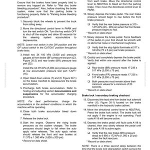 May include: A manual page detailing brake system testing and adjustment procedures. The text, including measurements in kPa and psi, provides instructions for initial setup, pressure checks, and brake lock inspections.