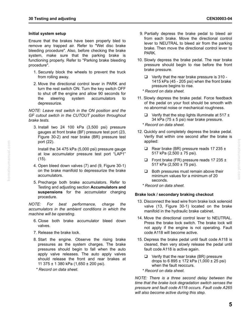 May include: A manual page detailing brake system testing and adjustment procedures. The text, including measurements in kPa and psi, provides instructions for initial setup, pressure checks, and brake lock inspections.