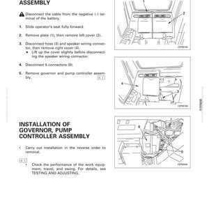 May include: Diagram of the disassembly and assembly of a governor and pump controller. Instructions include removing and installing the assembly, with numbered steps and illustrations. Text includes "Removal" and "Installation" instructions.