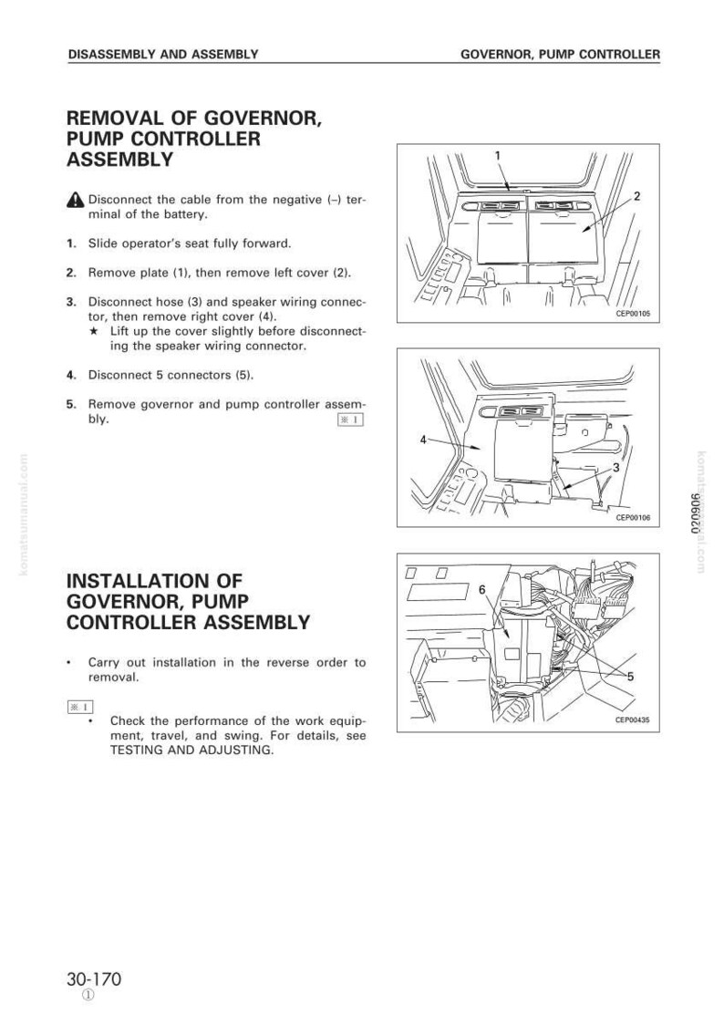 May include: Diagram of the disassembly and assembly of a governor and pump controller. Instructions include removing and installing the assembly, with numbered steps and illustrations. Text includes "Removal" and "Installation" instructions.