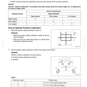 May include: A technical document titled "30 Testing and Adjusting" with diagrams and tables. The document includes instructions for camera calibration and position setting, with measurements in millimeters and meters. Text includes "REMARK" and "NOTICE".