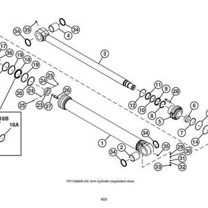 May include: An exploded view diagram of an arm cylinder, featuring various mechanical components. The image is in black and white, with labels and numbers identifying each part. The diagram includes a detailed inset of smaller components.