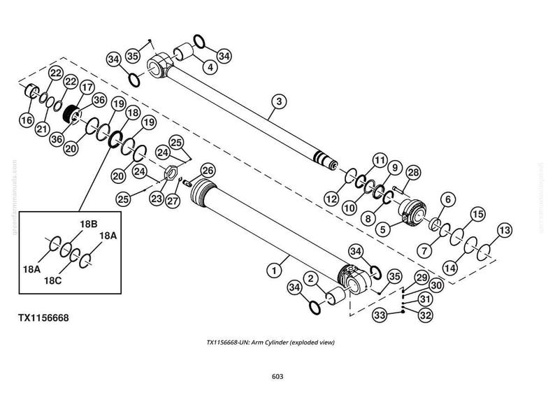 May include: An exploded view diagram of an arm cylinder, featuring various mechanical components. The image is in black and white, with labels and numbers identifying each part. The diagram includes a detailed inset of smaller components.