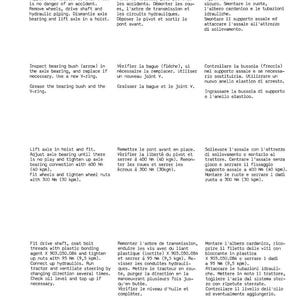 May include: A page from a manual with instructions in English, French, and Italian for tractor maintenance. The text includes steps for dismantling and reassembling the front axle and other components.