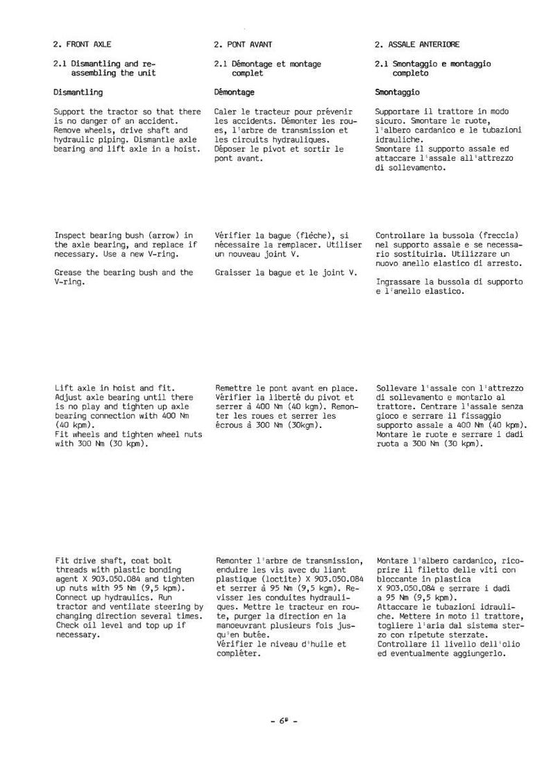 May include: A page from a manual with instructions in English, French, and Italian for tractor maintenance. The text includes steps for dismantling and reassembling the front axle and other components.
