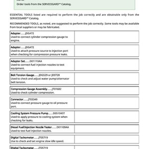 May include: A detailed list of essential and recommended tools for automotive repair, including adapters, gauges, and testers. The text provides tool names, model numbers, and their specific uses, such as checking compression and fuel injection.