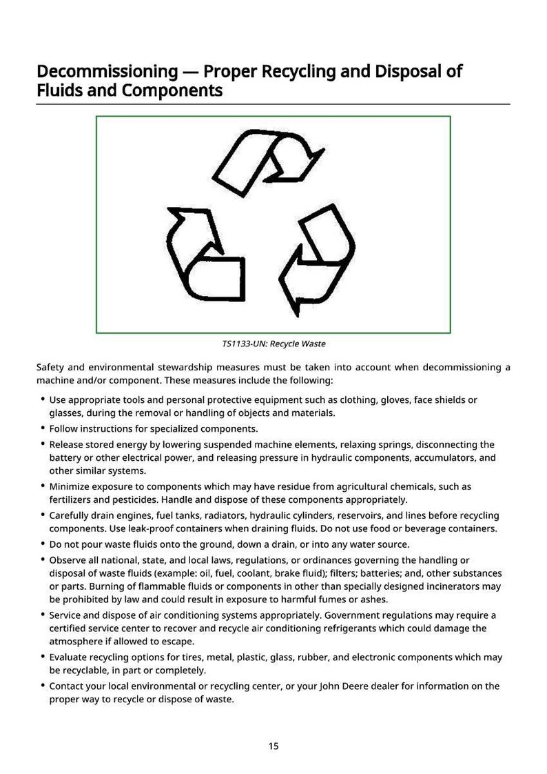 May include: A document titled "Decommissioning - Proper Recycling and Disposal of Fluids and Components" with a recycling symbol. The document provides safety measures for decommissioning machines and components, including proper waste disposal.