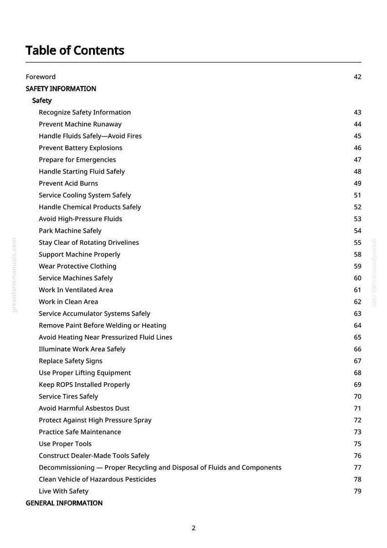 May include: A page from a manual titled "Table of Contents" with a list of safety topics. The topics include "Prevent Machine Runaway", "Handle Fluids Safely", and "Avoid Harmful Asbestos Dust". The page number "2" is at the bottom.
