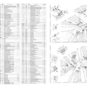 Puede incluir: Un diagrama t&eacute;cnico detallado en blanco y negro. El lado izquierdo presenta una larga lista de texto en columnas. El lado derecho muestra varios diagramas con l&iacute;neas y formas, probablemente ilustrando componentes mec&aacute;nicos.
