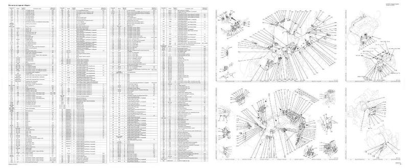 Puede incluir: Un diagrama t&eacute;cnico detallado en blanco y negro. El lado izquierdo presenta una larga lista de texto en columnas. El lado derecho muestra varios diagramas con l&iacute;neas y formas, probablemente ilustrando componentes mec&aacute;nicos.