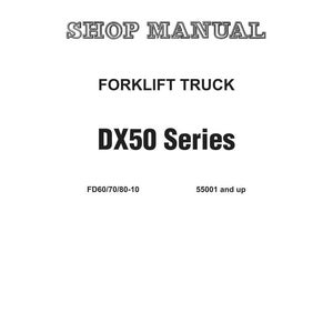 Pode incluir: Uma p&aacute;gina branca com o logotipo KOMATSU e o texto "SHOP MANUAL" em uma fonte decorativa. Abaixo, l&ecirc;-se "FORKLIFT TRUCK" e "DX50 Series". Texto adicional inclui "FD60/70/80-10" e "55001 and up".
