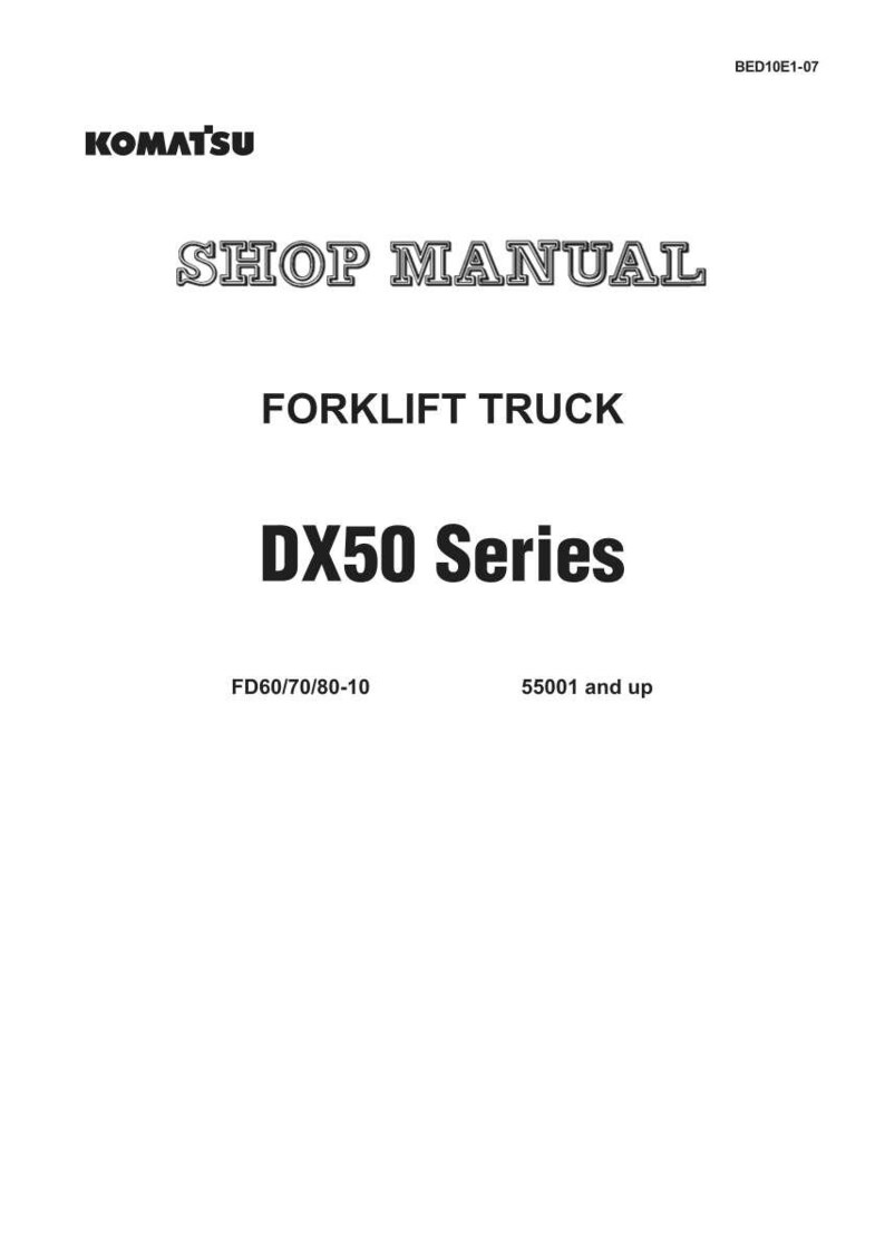 Pode incluir: Uma p&aacute;gina branca com o logotipo KOMATSU e o texto "SHOP MANUAL" em uma fonte decorativa. Abaixo, l&ecirc;-se "FORKLIFT TRUCK" e "DX50 Series". Texto adicional inclui "FD60/70/80-10" e "55001 and up".