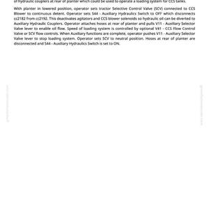 Op de afbeelding: Een witte pagina met de titel "Elektrische theorie van de hulp hydrauliek" en gedetailleerde tekst over hydraulische systemen voor CCS Seed Delivery Systems. De pagina bevat instructies en technische termen.