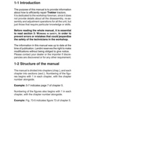 Puede incluir: Una p&aacute;gina de manual con el t&iacute;tulo "Introducci&oacute;n" y "Secc.1 - C&oacute;mo consultar el manual". El texto describe el prop&oacute;sito del manual, su estructura e instrucciones de seguridad para reparar tractores Trekker. La p&aacute;gina es blanca con texto negro.