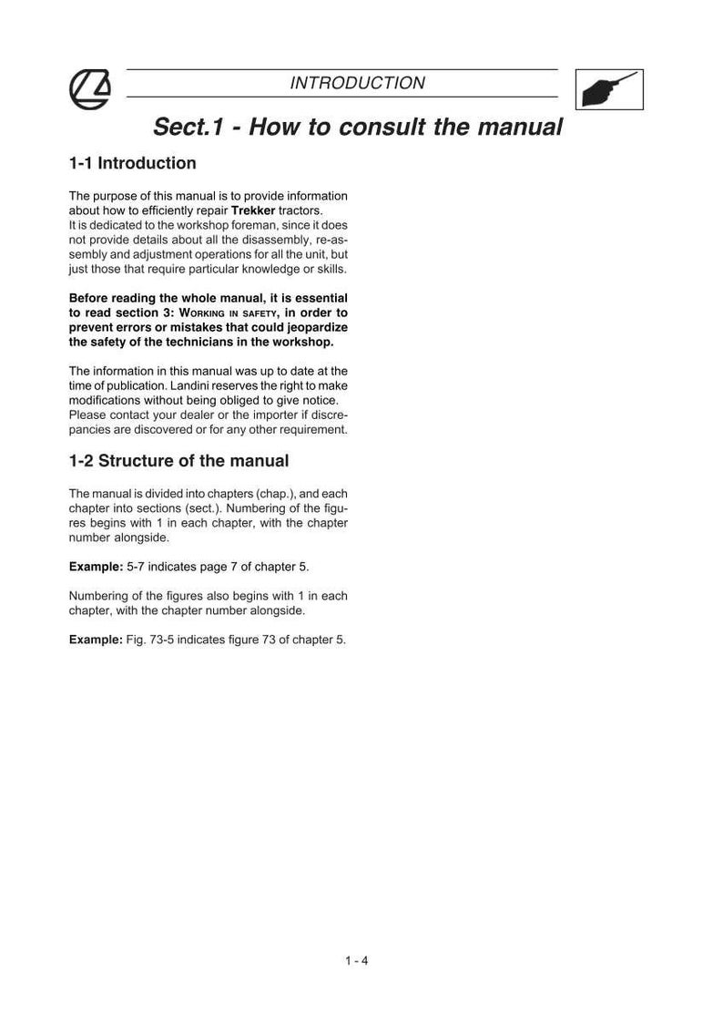 Puede incluir: Una p&aacute;gina de manual con el t&iacute;tulo "Introducci&oacute;n" y "Secc.1 - C&oacute;mo consultar el manual". El texto describe el prop&oacute;sito del manual, su estructura e instrucciones de seguridad para reparar tractores Trekker. La p&aacute;gina es blanca con texto negro.