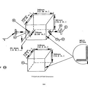Op de afbeelding: Technische tekening van een kubusvormig object met afmetingen in millimeters en inches. De tekening bevat een lasdetail en boutspecificaties. De afmetingen van het object zijn 340mm x 318mm x 381mm.