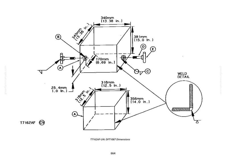 Op de afbeelding: Technische tekening van een kubusvormig object met afmetingen in millimeters en inches. De tekening bevat een lasdetail en boutspecificaties. De afmetingen van het object zijn 340mm x 318mm x 381mm.