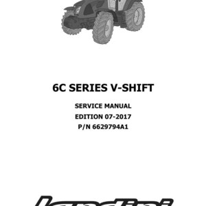 K&ouml;nnte beinhalten: Schwarz-Wei&szlig;-Illustration eines Traktors. Das Bild enth&auml;lt den Text "6C SERIES V-SHIFT" und "SERVICE MANUAL EDITION 07-2017 P/N 6629794A1". Das Landini-Logo befindet sich unten.