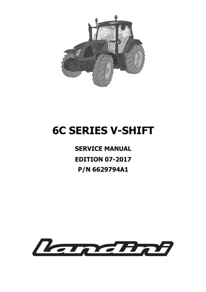K&ouml;nnte beinhalten: Schwarz-Wei&szlig;-Illustration eines Traktors. Das Bild enth&auml;lt den Text "6C SERIES V-SHIFT" und "SERVICE MANUAL EDITION 07-2017 P/N 6629794A1". Das Landini-Logo befindet sich unten.