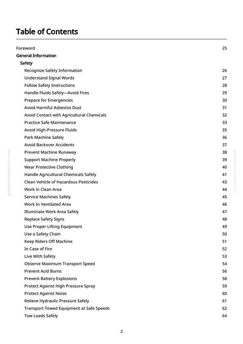 May include: A white page with a black text table of contents. The title is "Table of Contents". The table lists safety topics such as "Avoid Harmful Asbestos Dust" and "Use a Safety Chain".