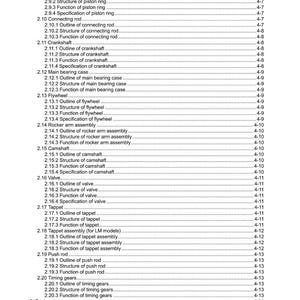 May include: A technical document detailing engine specifications, including piston rings, crankshafts, and valves. The table of contents is printed in black on white paper. Measurements are in metric.