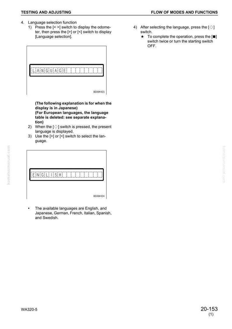 May include: A white manual page with text and diagrams detailing language selection functions. The word "LANGUAGE" is displayed in a box. The available languages are listed as English, Japanese, German, French, Italian, Spanish, and Swedish.